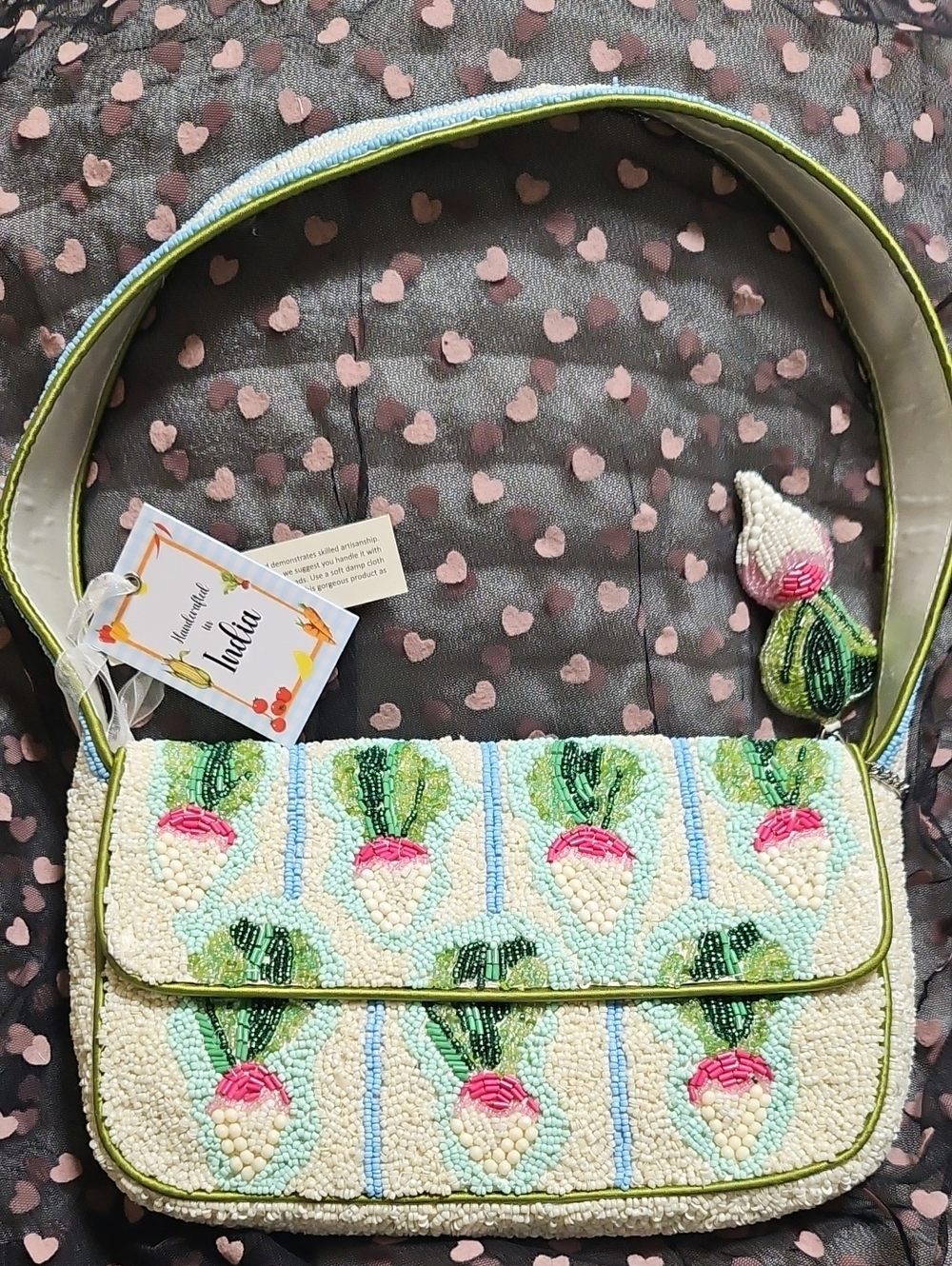 The Viral Beaded Radish Shoulder Bag in Cream, Mint & Pink